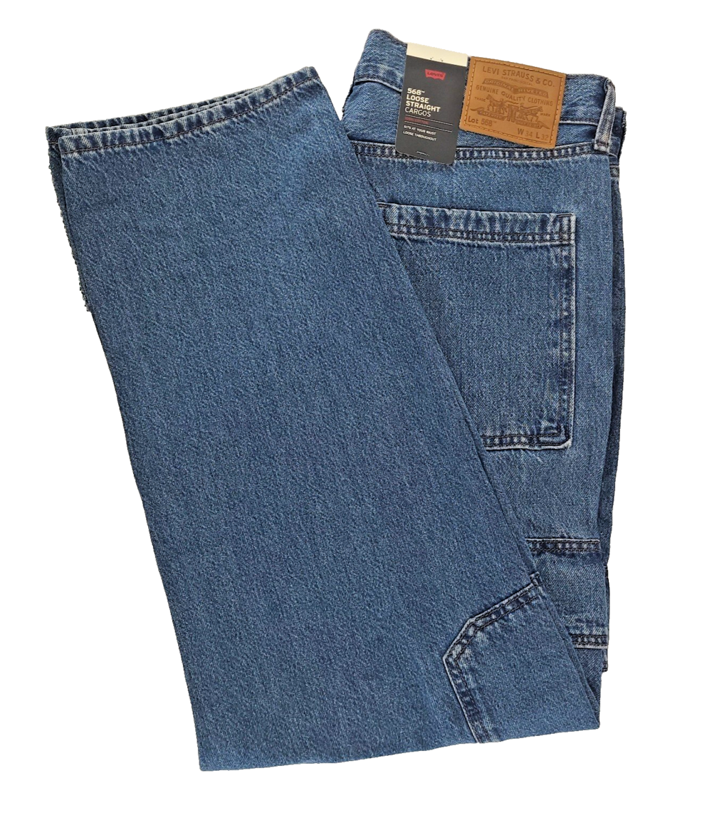Levi's Premium 568 Loose Straight Cargo Jeans Mens 34x32 Blue 100% Cotton NWT